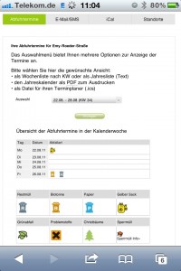 Screenshot des Online Abfallkalenders - Termine mit Legende